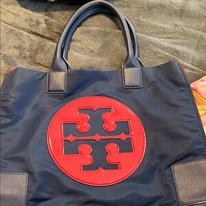 Tory Burch Navy and Red Logo Tote
